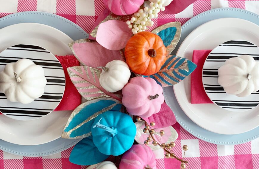 Fall Dollar Store Centerpiece with pink pumpkins